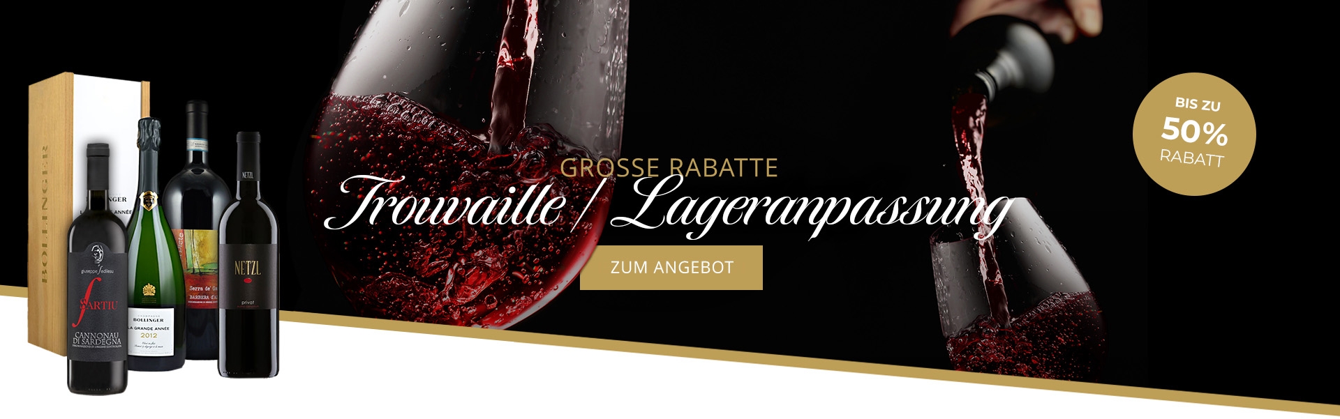 Trouvaille, Lageranpassung, Weine im Ausverkauf, bis zu 50% Rabatt, Rotweinglas