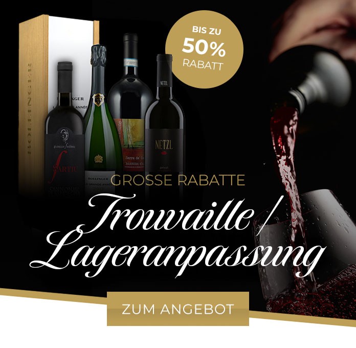 Trouvaille, Lageranpassung, Weine im Ausverkauf, bis zu 50% Rabatt, Rotweinglas